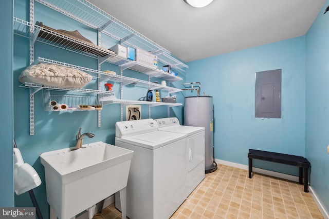 laundry room featuring electric panel, independent washer and dryer, electric water heater, and sink