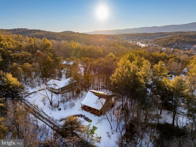 snowy aerial view with a mountain view