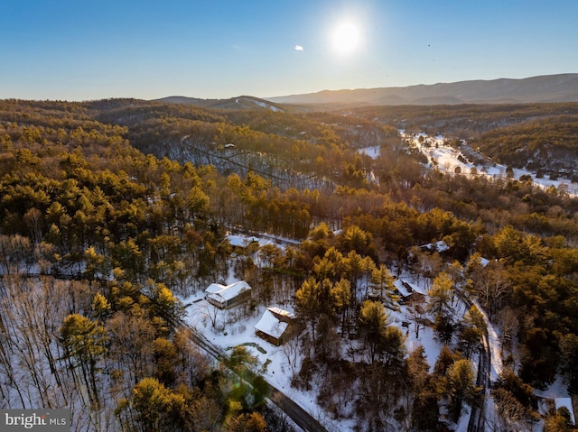 snowy aerial view featuring a mountain view