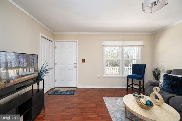 living room with ornamental molding and dark wood-type flooring