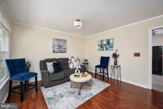 living room featuring crown molding and dark wood-type flooring