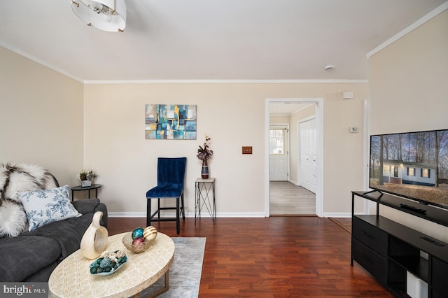 living room featuring ornamental molding and dark wood-type flooring