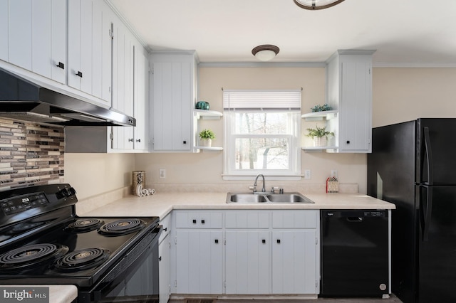 kitchen with sink, white cabinetry, crown molding, and black appliances