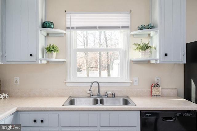 kitchen with white cabinetry, sink, and black dishwasher