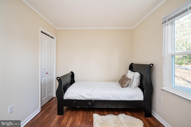 bedroom with dark hardwood / wood-style floors, a closet, ornamental molding, and multiple windows