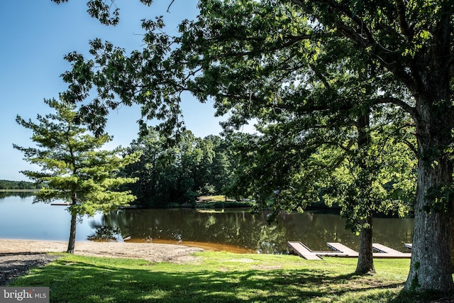 view of water feature with a dock