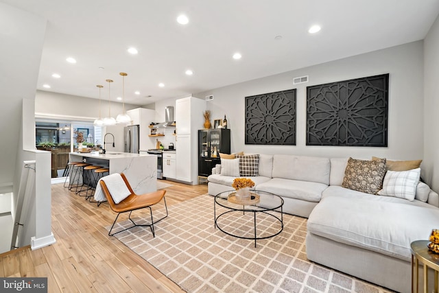 living room with light wood-type flooring and sink