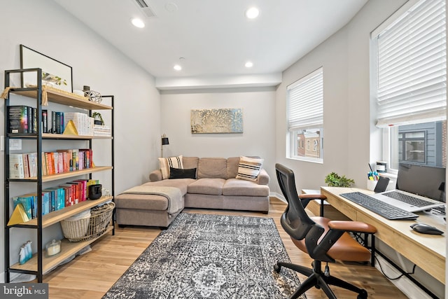 office space featuring light hardwood / wood-style flooring