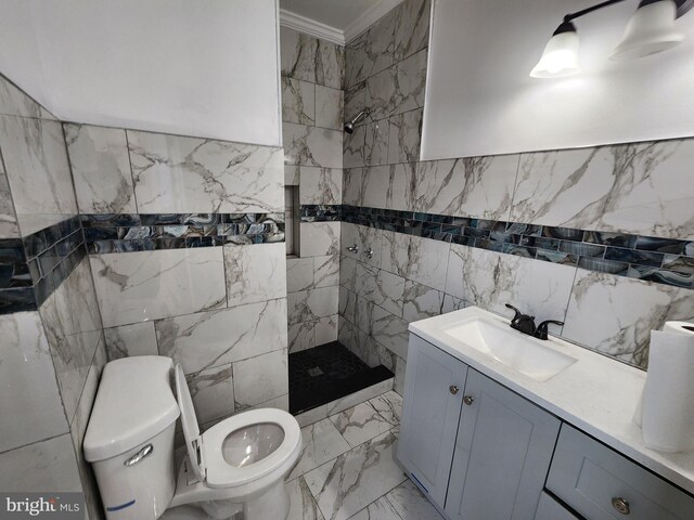 bathroom featuring toilet, ornamental molding, walk in shower, and tile walls