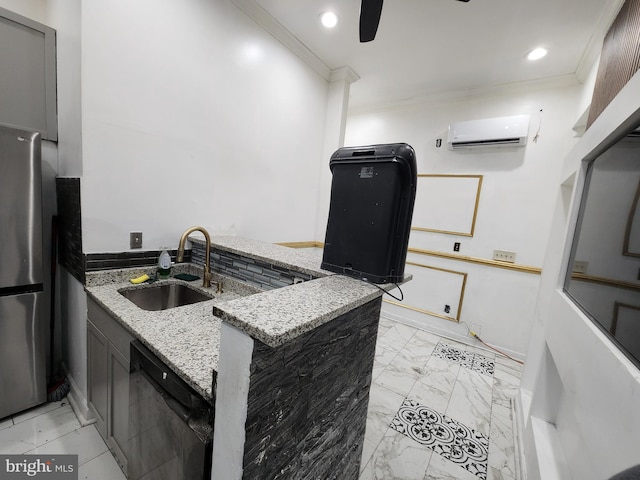 kitchen featuring sink, dishwasher, light stone counters, a wall mounted AC, and stainless steel fridge