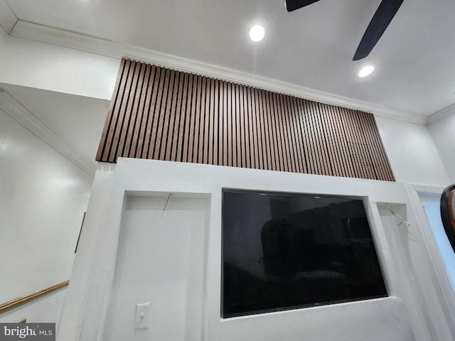 details with ceiling fan and ornamental molding