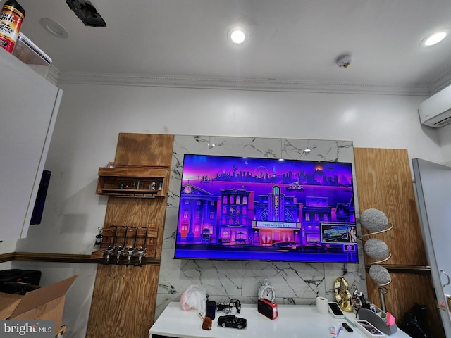 bar with decorative backsplash, ornamental molding, and an AC wall unit