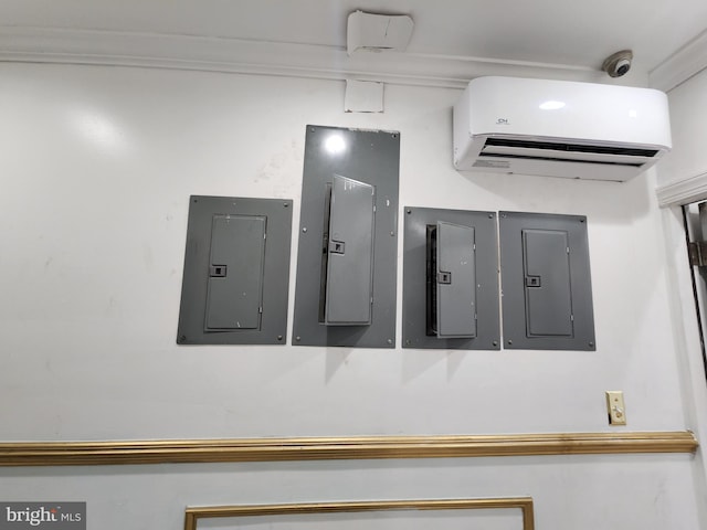 room details with a wall mounted air conditioner and electric panel