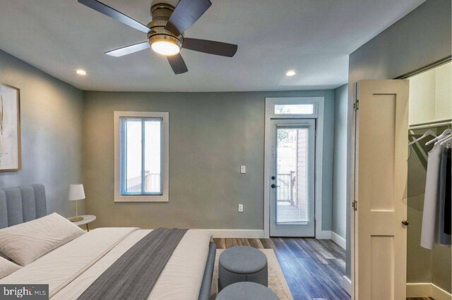 bedroom featuring dark hardwood / wood-style flooring, a closet, a spacious closet, and ceiling fan