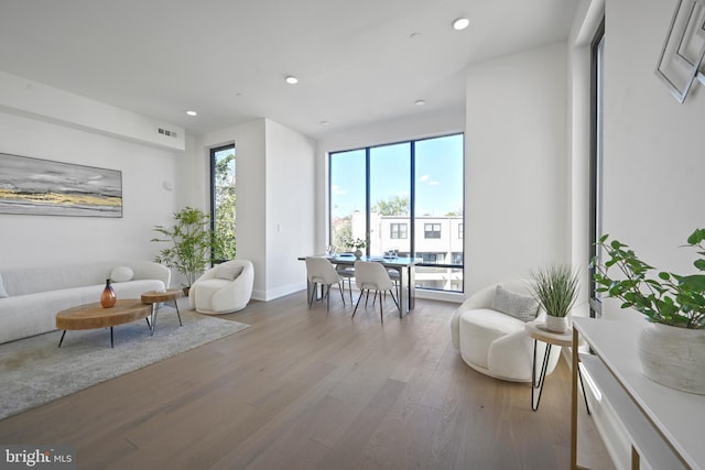 interior space with hardwood / wood-style floors and a wall of windows