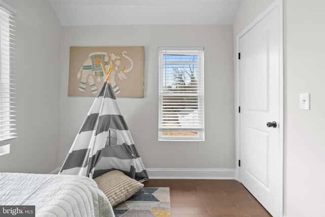 bedroom featuring vaulted ceiling and dark wood-type flooring