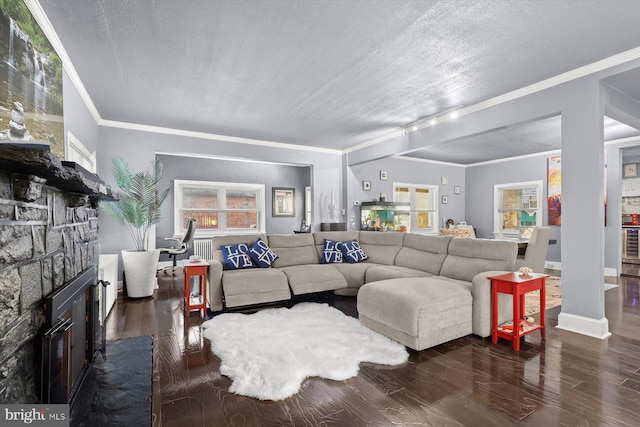 living room with dark hardwood / wood-style floors, a wealth of natural light, a stone fireplace, and ornamental molding