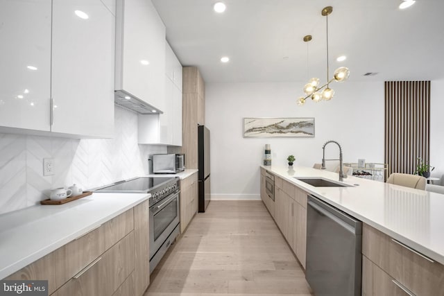 kitchen with white cabinetry, sink, hanging light fixtures, stainless steel appliances, and backsplash