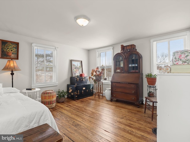 bedroom featuring wood-type flooring and multiple windows