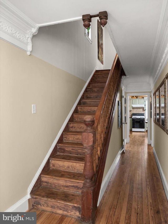 staircase featuring wood-type flooring, ornamental molding, and a fireplace