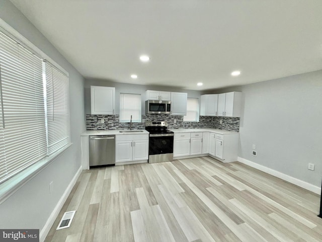 kitchen featuring tasteful backsplash, white cabinetry, sink, and stainless steel appliances