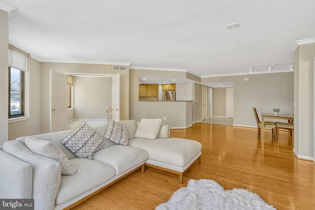 living room with light hardwood / wood-style flooring and crown molding