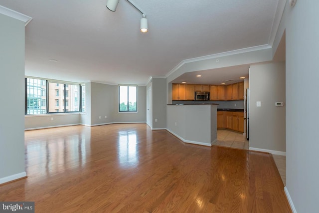 unfurnished living room with light wood-type flooring and ornamental molding