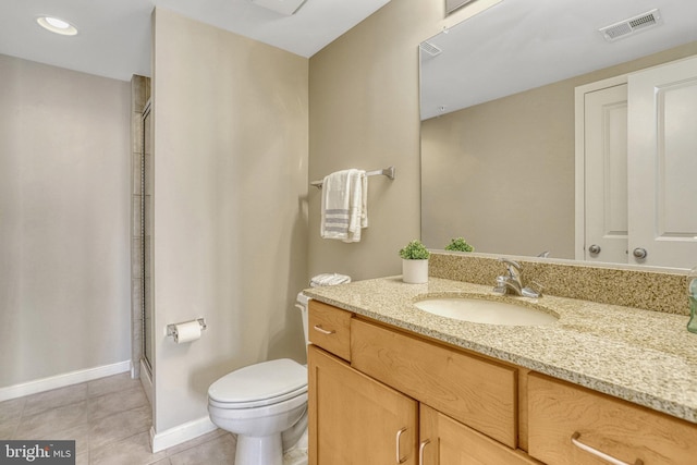 bathroom featuring tile patterned flooring, vanity, toilet, and an enclosed shower