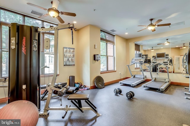 gym with ceiling fan