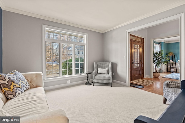 living area featuring wood-type flooring and crown molding