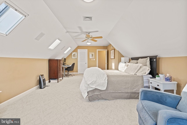 bedroom featuring ceiling fan, light colored carpet, and lofted ceiling