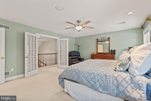 carpeted bedroom featuring ceiling fan and french doors