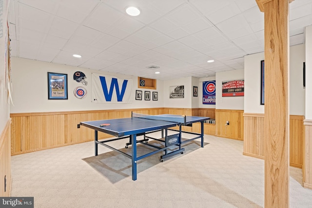 playroom featuring light colored carpet