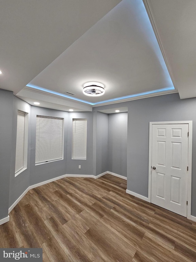 basement featuring dark hardwood / wood-style floors