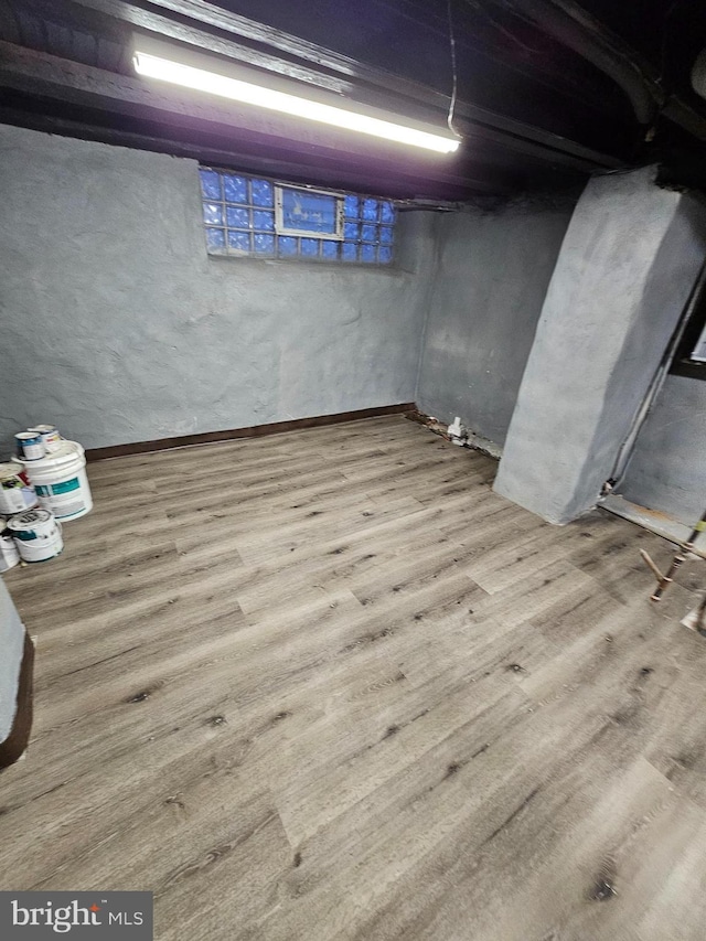 basement with hardwood / wood-style floors