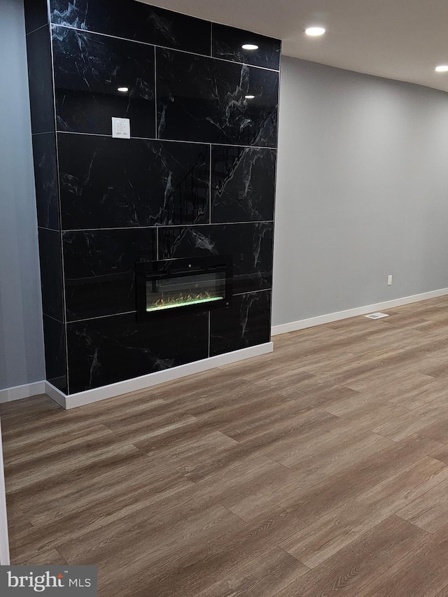 room details featuring a premium fireplace and hardwood / wood-style flooring