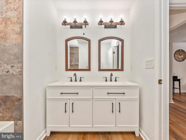 bathroom with hardwood / wood-style flooring and vanity