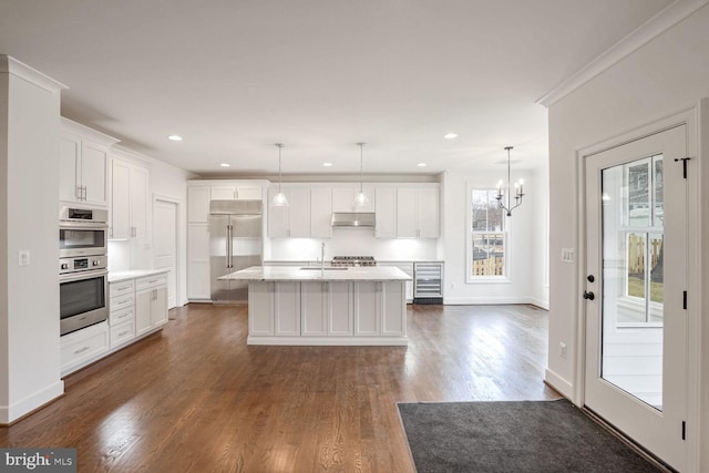 kitchen featuring appliances with stainless steel finishes, decorative light fixtures, an island with sink, and white cabinetry