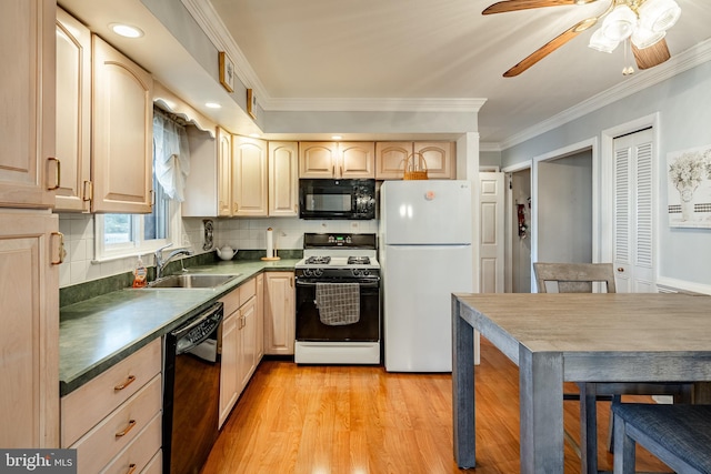 kitchen featuring backsplash, crown molding, sink, black appliances, and light brown cabinets