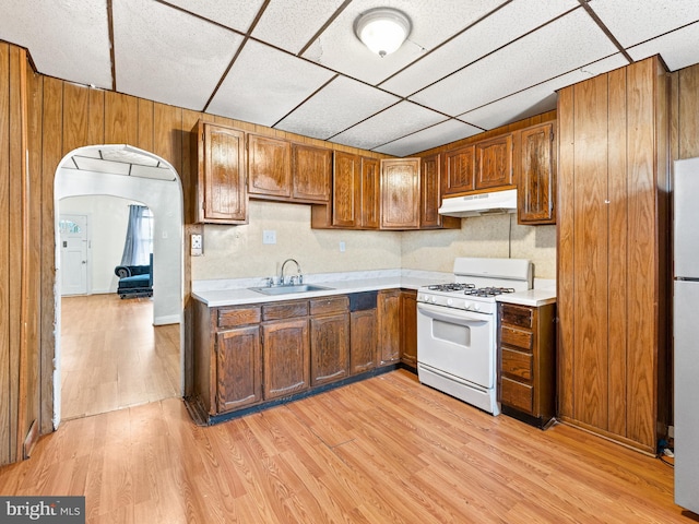 kitchen featuring a paneled ceiling, sink, white appliances, and light hardwood / wood-style flooring