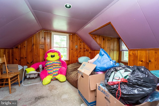 game room with carpet flooring and vaulted ceiling