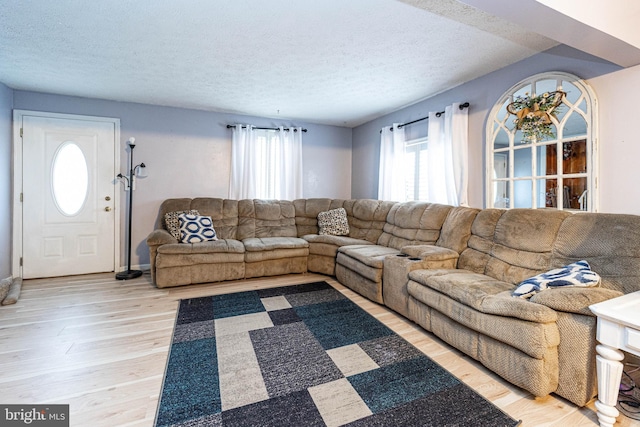 living room with a textured ceiling and light hardwood / wood-style floors