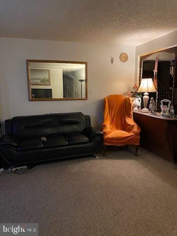 carpeted living room with a textured ceiling