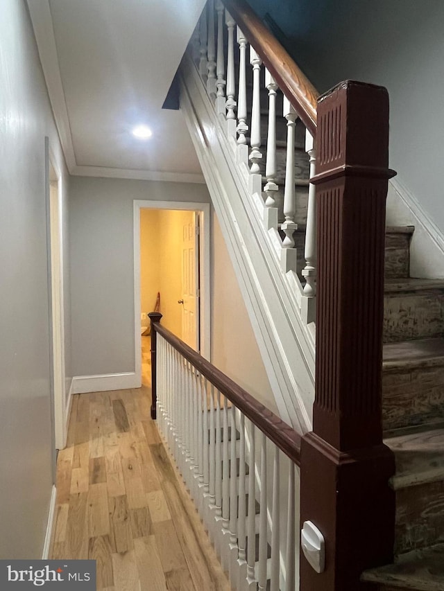 staircase featuring hardwood / wood-style flooring and ornamental molding