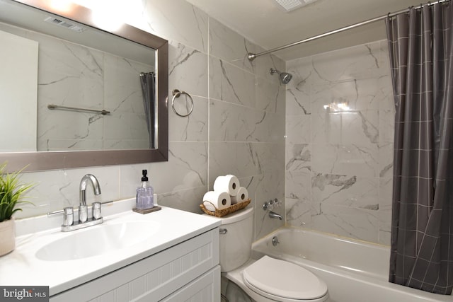 full bathroom with decorative backsplash, vanity, shower / bathtub combination with curtain, tile walls, and toilet