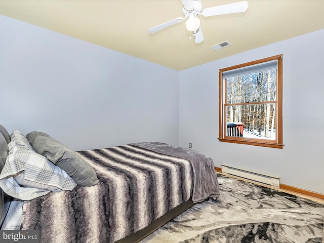 bedroom featuring ceiling fan and a baseboard heating unit