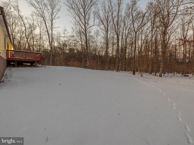 yard covered in snow with a wooden deck