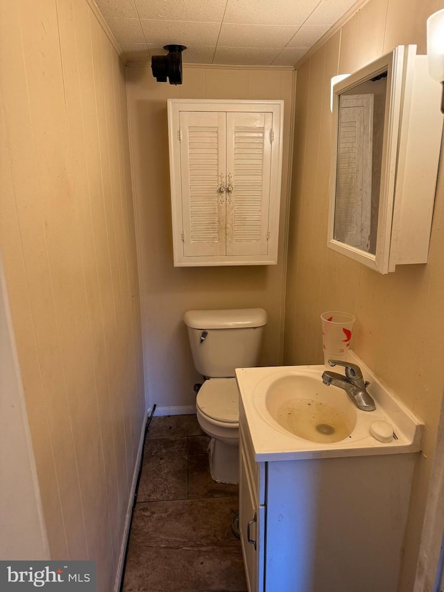 bathroom with wood walls, vanity, and toilet