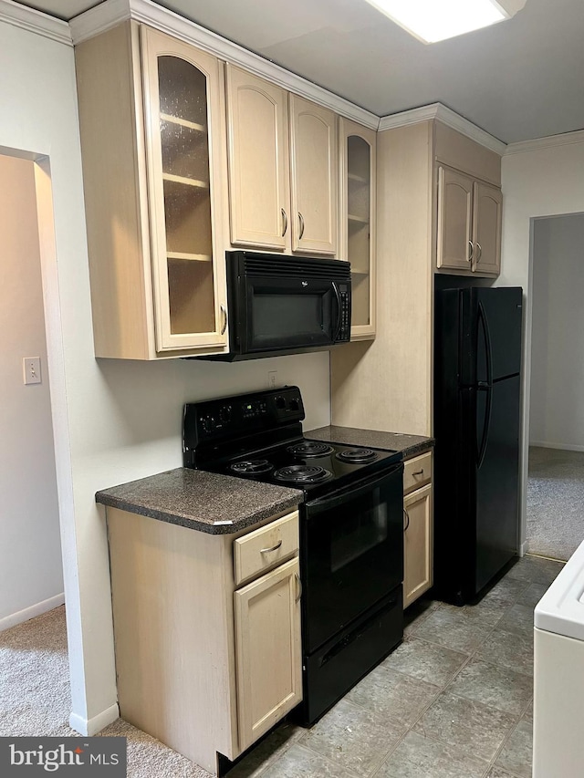 kitchen featuring black appliances, light brown cabinets, and crown molding