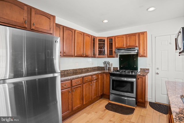 kitchen featuring dark stone counters, stainless steel appliances, and light hardwood / wood-style floors